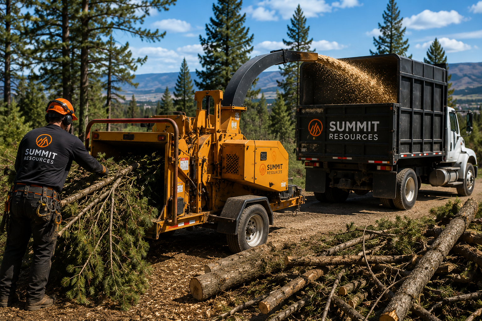 Wood chipping and grinding services processing large debris piles