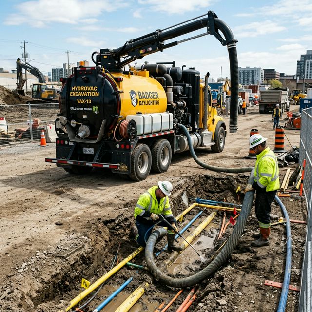 Vacuum excavation truck operating safely near underground utilities